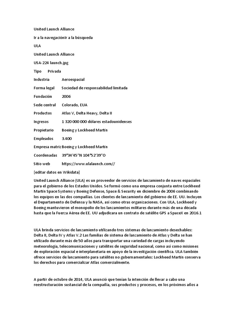 United launch alliance pdf united launch alliance empresas
