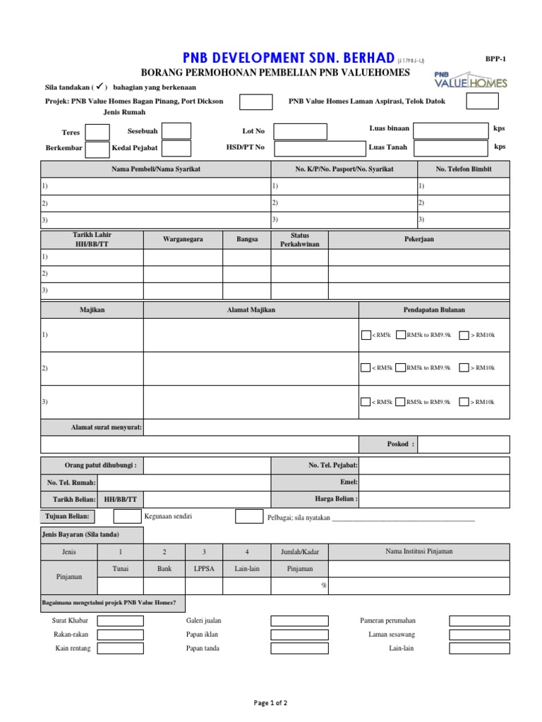 Borang Permohonan PNB Value Homes | PDF