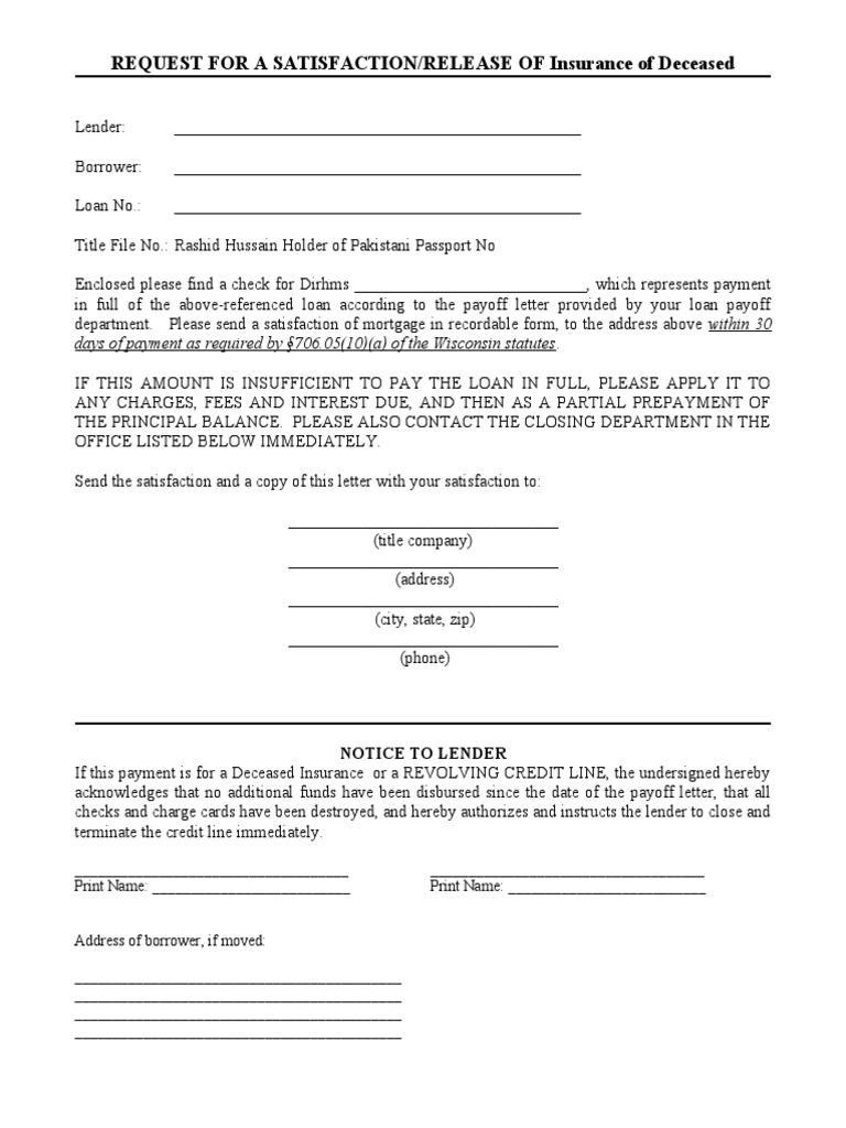Request for a Satisfaction or Release of Lien PDF