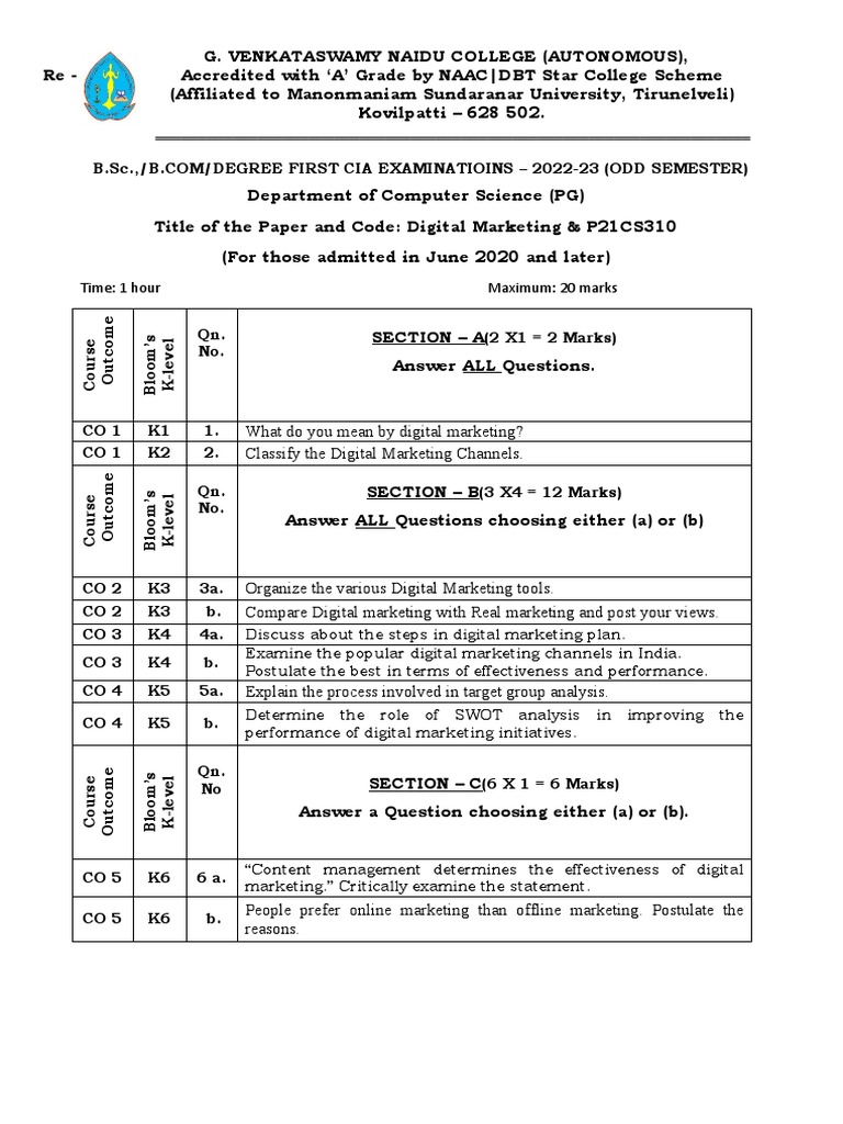 Digital Marketing Question Paper PDF Digital Marketing Computing