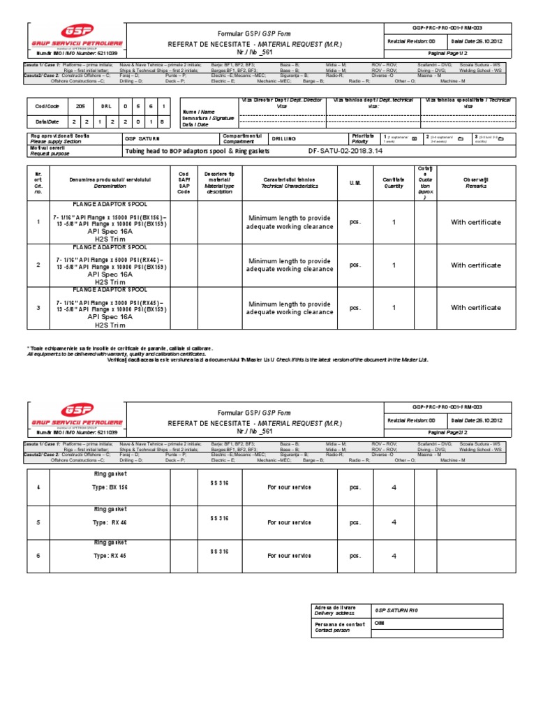 GSPSATURNMR2052018DRL0561 Tubing Head To BOP Adaptors Spool
