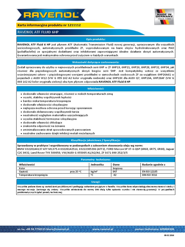 RAV ATF 6HP FLUID 1L - Dokument NR 1 | PDF