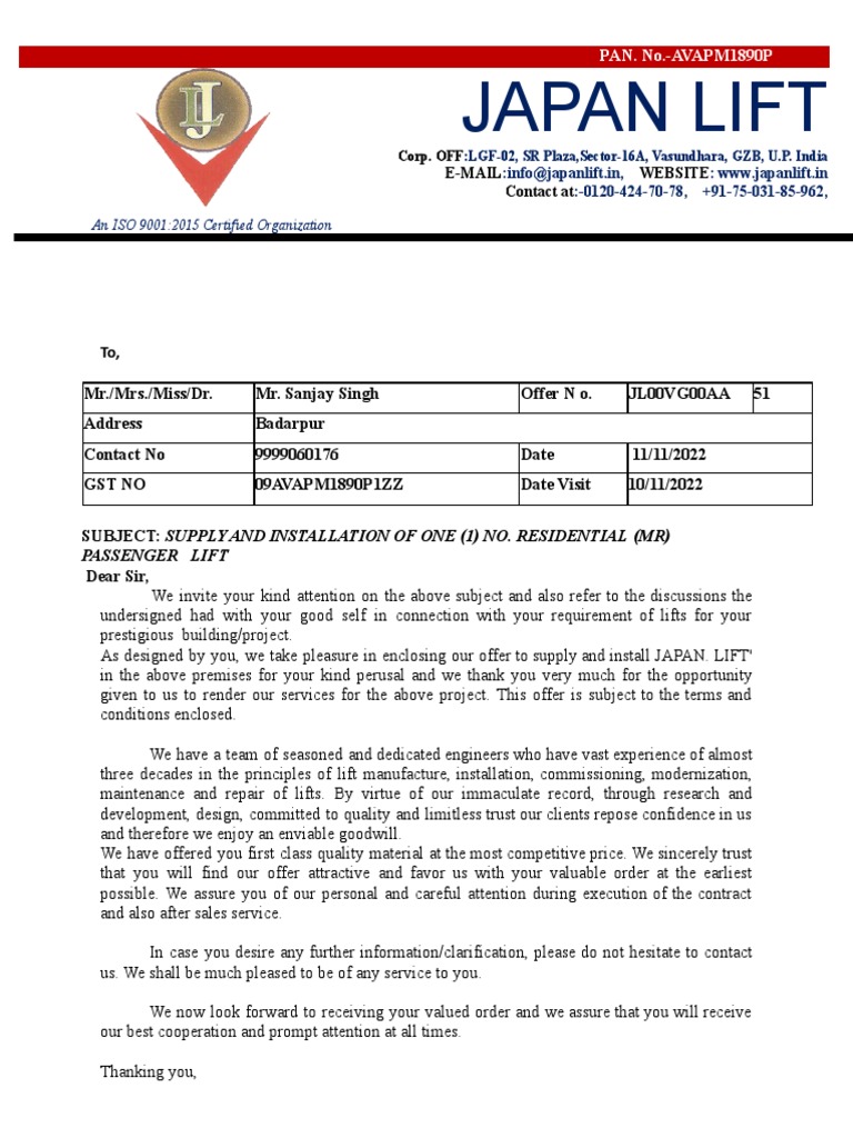 Japan Lift Quotation for Residential Elevator | PDF | Elevator | Door