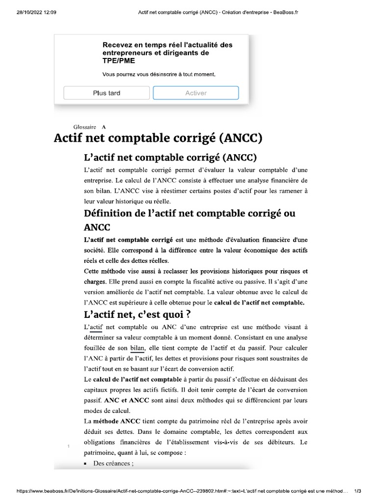 Actif Net Comptable Corrigé (ANCC) - Création D - Entreprise - BeaBoss ...