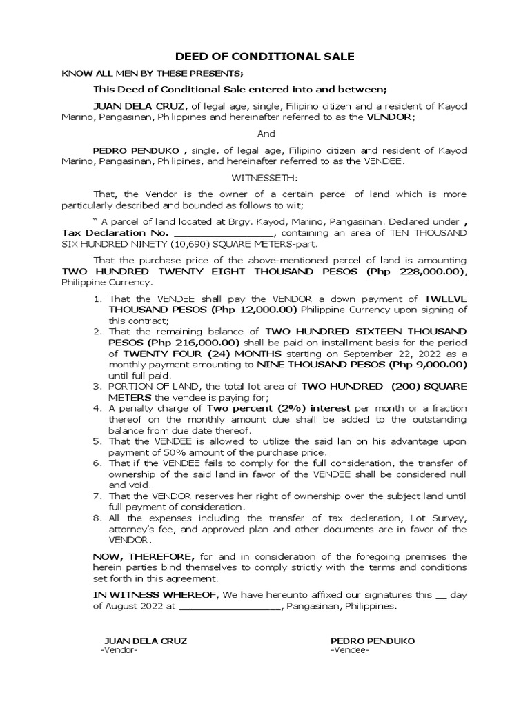 Conditional Sale Deed for Land in Pangasinan | PDF