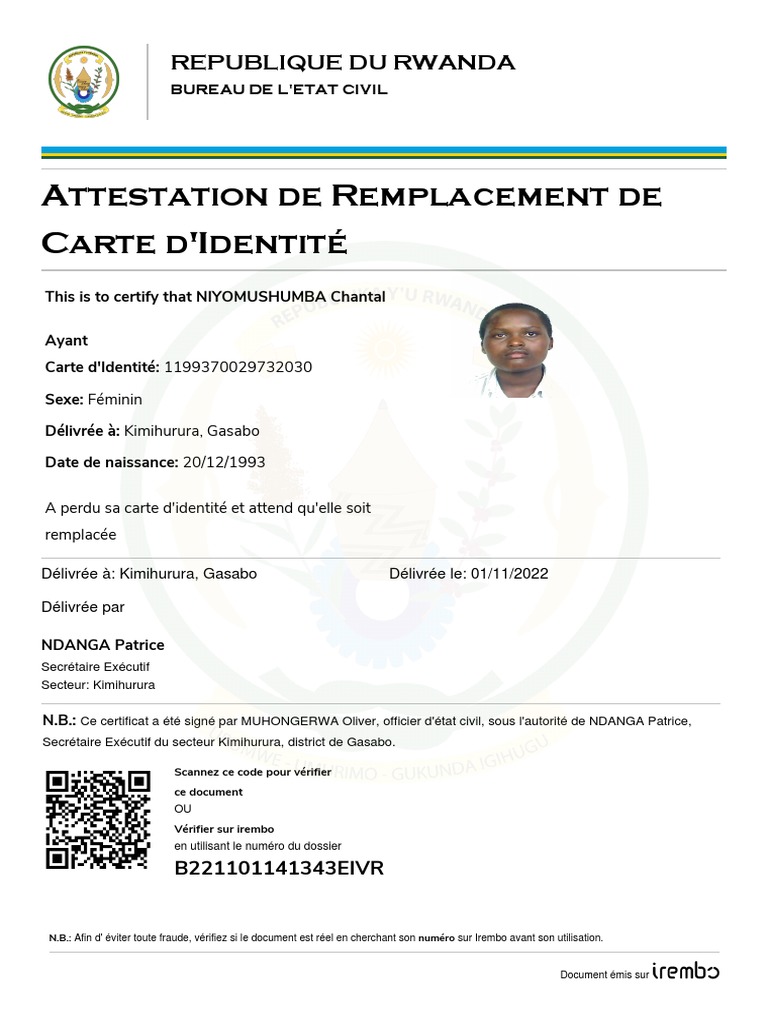 Attestation de Remplacement de Carte D'identité: Republique Du Rwanda | PDF