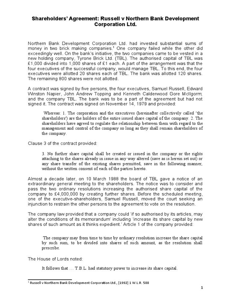Shareholders agreement russell v northern bank pdf justice crime