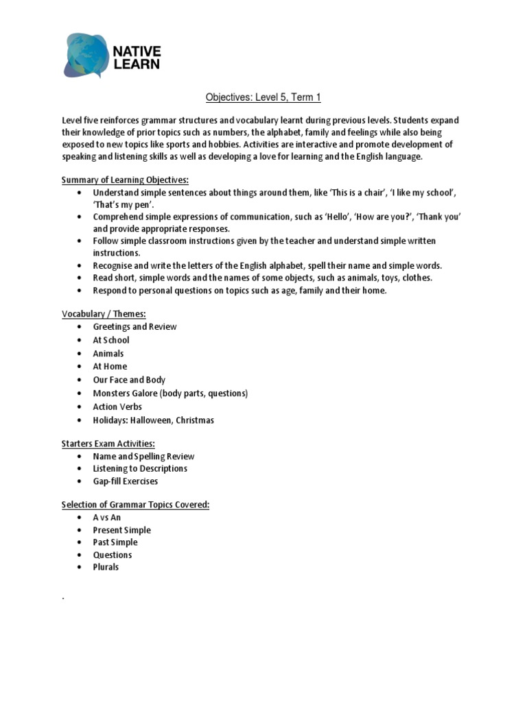 Level 5 - Term 1 Objectives | PDF | Language Arts & Discipline ...