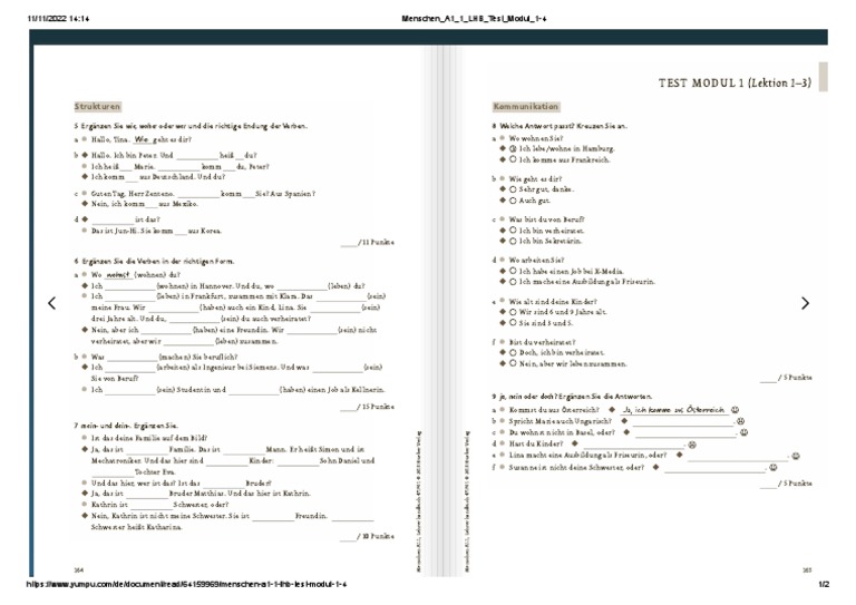 Menschen A1 1 LHB Test Modul 1-4 | PDF