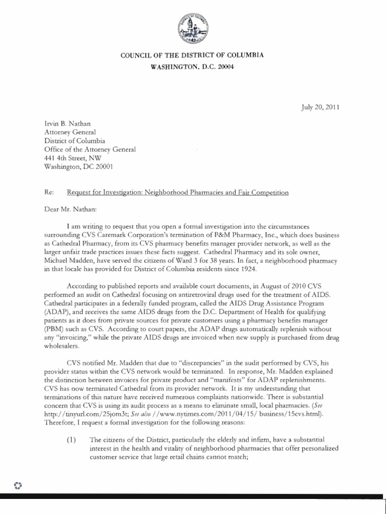 Letter To Nathan Re CVS | PDF | Washington | Pharmacy