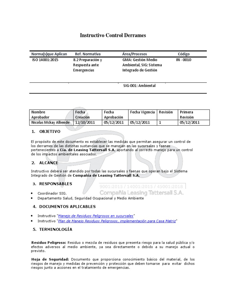 Instructivo para Control de Derrames | PDF | Residuos | Contaminación