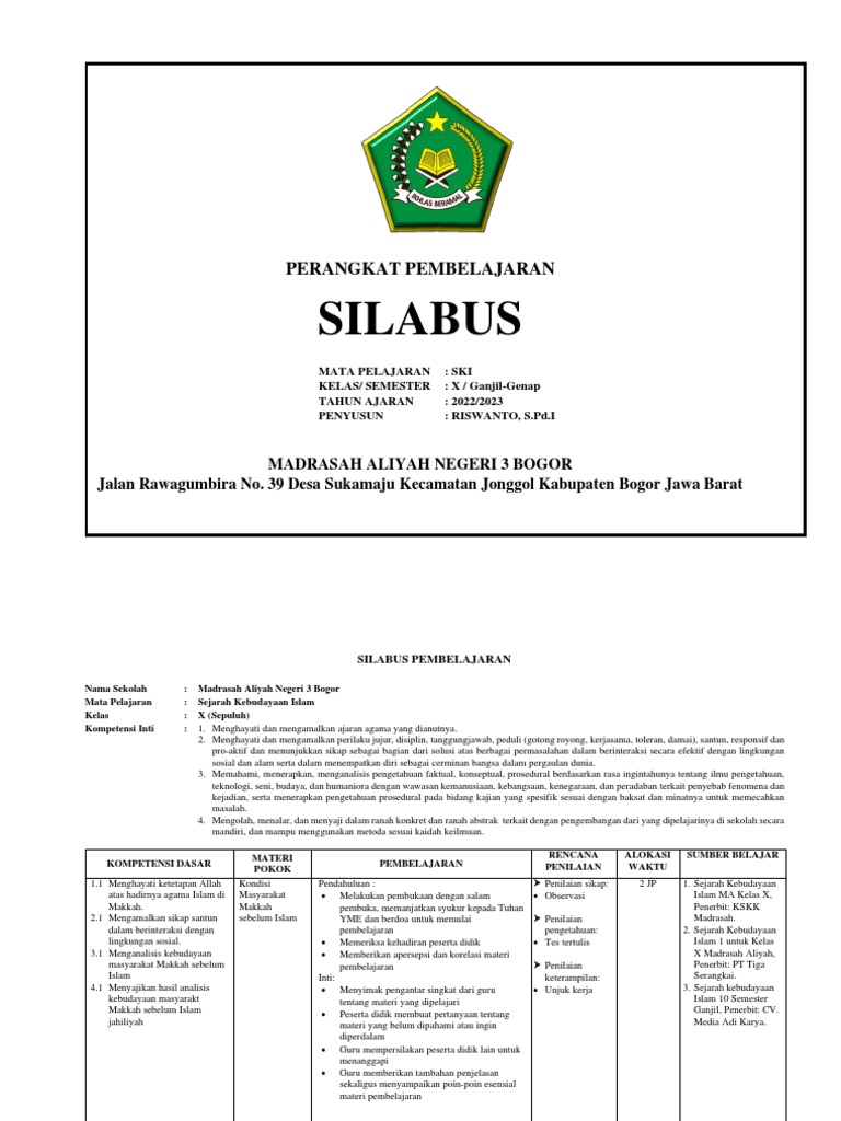 indikator k1 dan k2 ski kelas x genap Silabus SKI Kelas 10 Kurikulum Merdeka | PDF