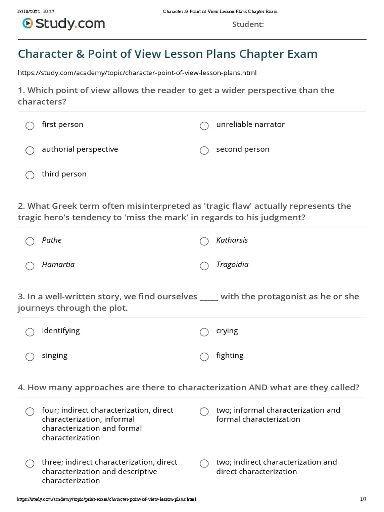 Character & Point of View Lesson Plans Chapter Exam Download Free PDF