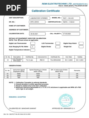 Calibration certificate