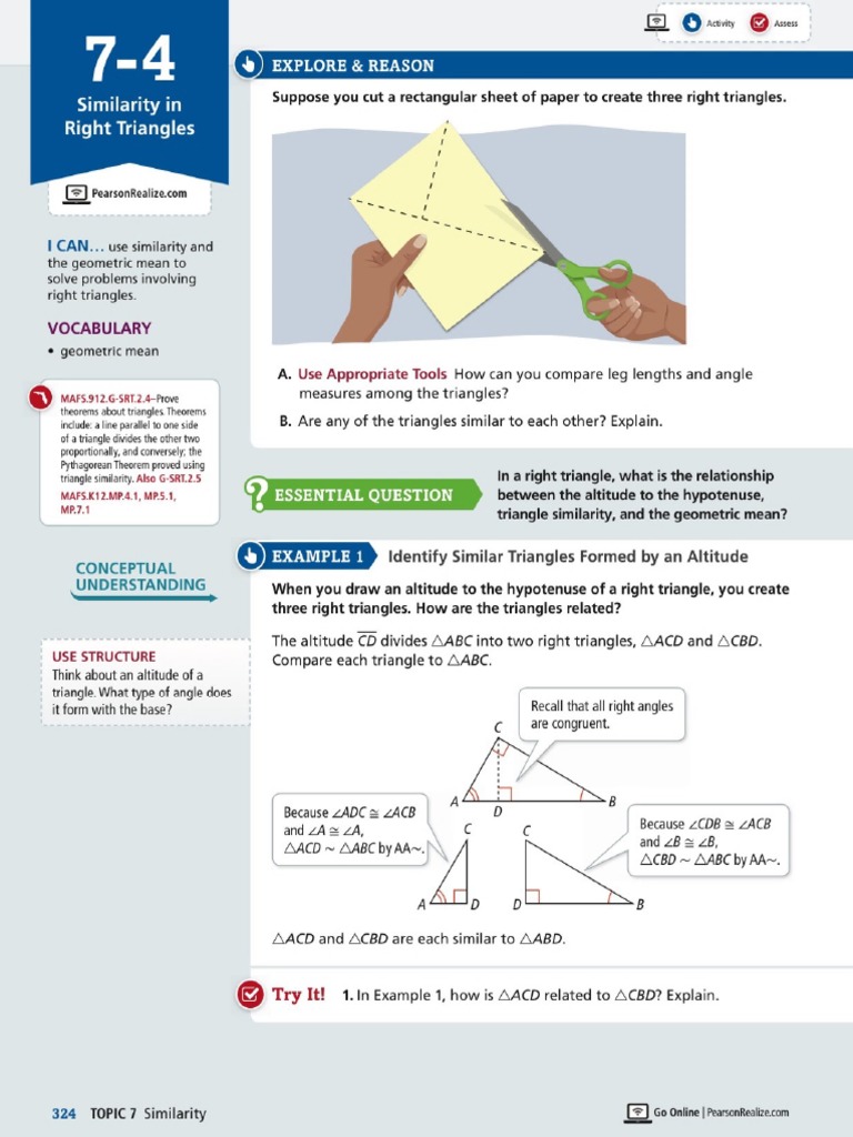 EnVision Geometry Lesson 74 Similarity in Right Triangles. (LESSON PDF