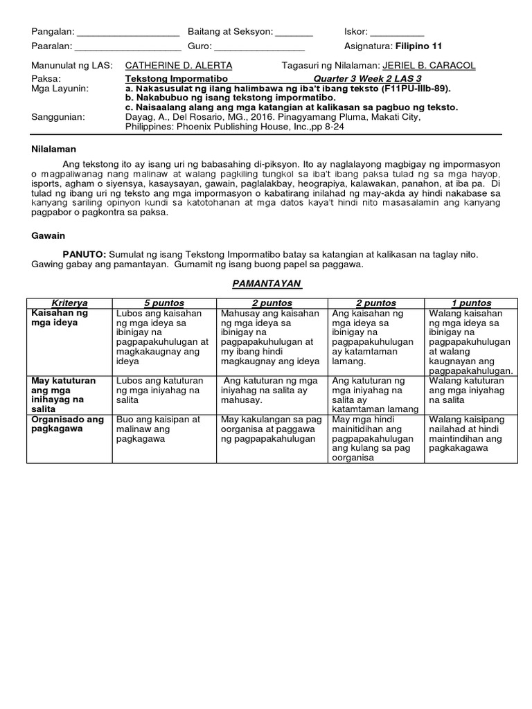 Filipino 11 Quarter 3 Week 2 Las #3 | PDF
