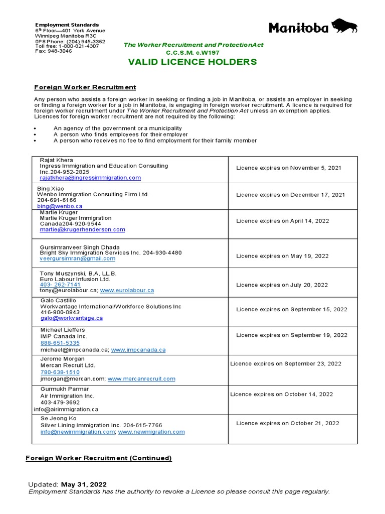 Foreign Worker Recruitment Licences in Manitoba | PDF