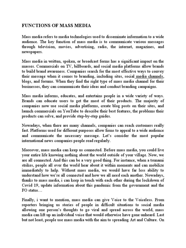 Key Functions of Mass Media | PDF | Mass Media | Popular Culture ...