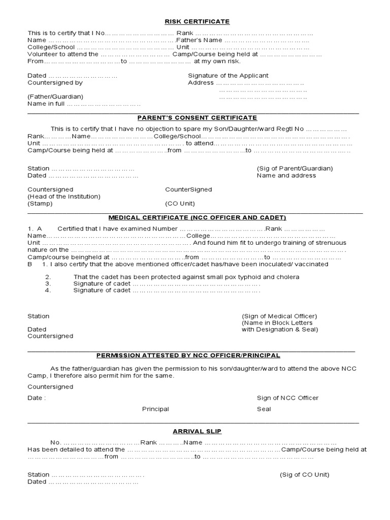NCC Camp Risk and Consent Forms | PDF | Career & Growth