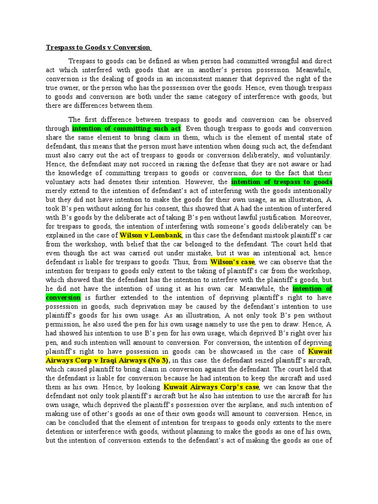 Trespass To Goods V Conversion PDF Conversion (Law) Trespass