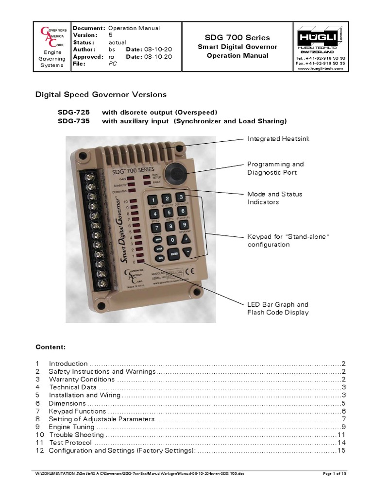 SDG 700 Series Digital Speed Governor Versions Huegli Tech PDF