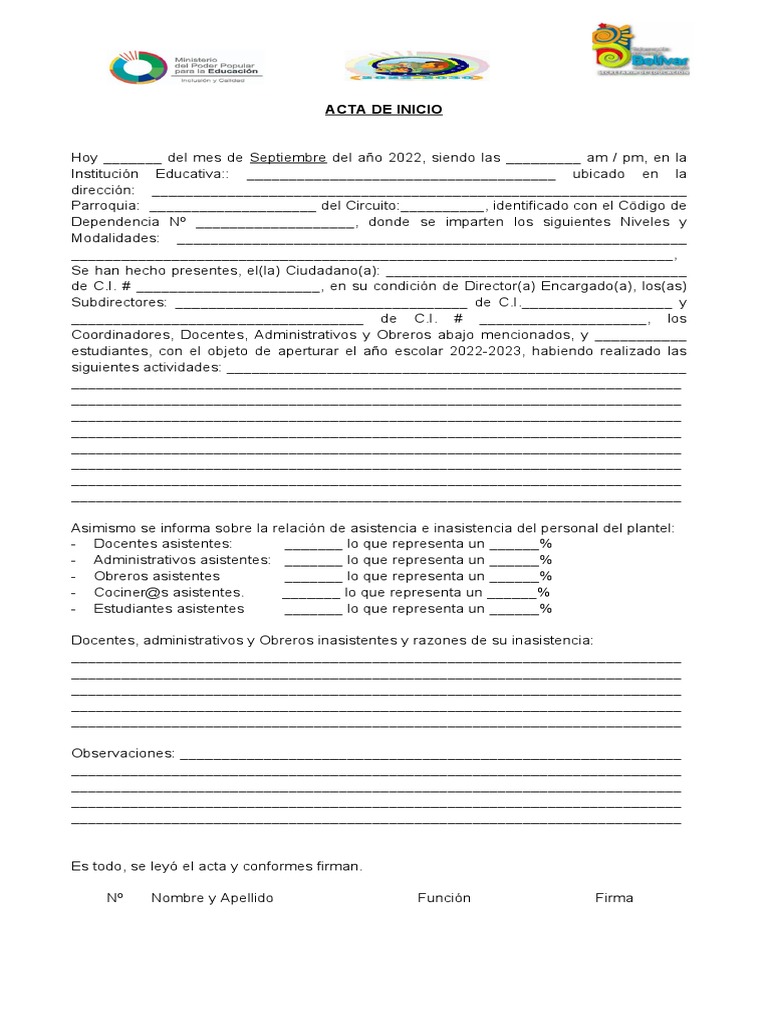 Acta de Inicio Año Escolar 2022-2023 | PDF | Crecimiento personal y ...