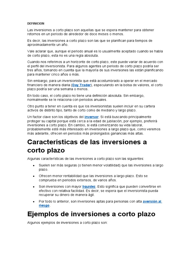 Inversiones a Corto Plazo: Definición y Ejemplos | PDF | Inversiones ...