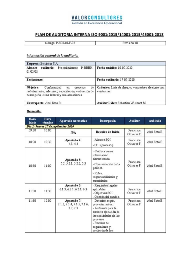 Plan Auditoría Interna ISO 9001/14001/45001 | PDF | Auditoría | Contralor