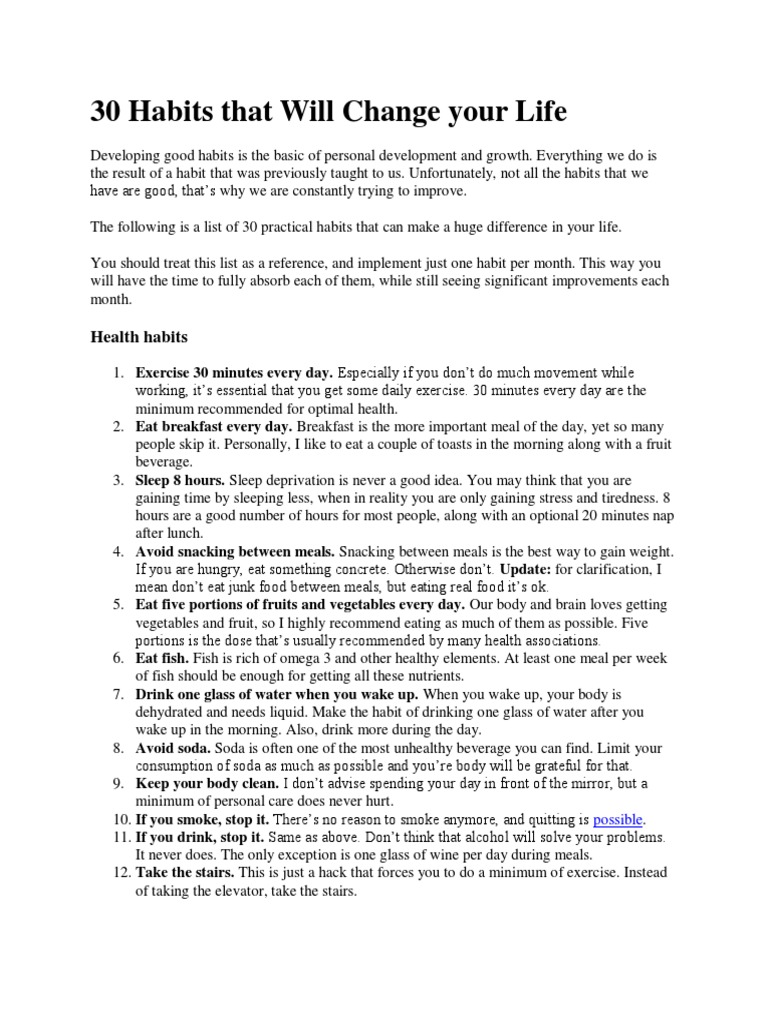 30 Habits That Will Change Your Life | PDF | Meal | Soft Drink