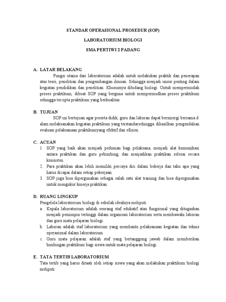 SOP Laboratorium Biologi SMA Pertiwi 2 | PDF
