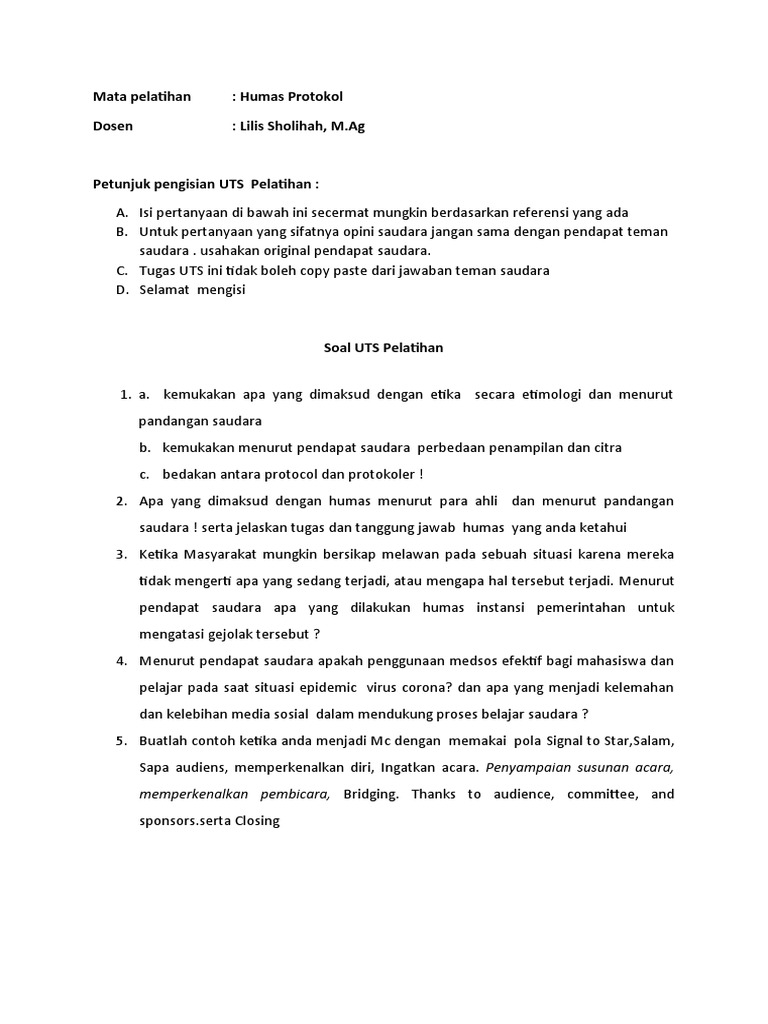Petunjuk UTS Humas Protokol | PDF | Karier & Perkembangan