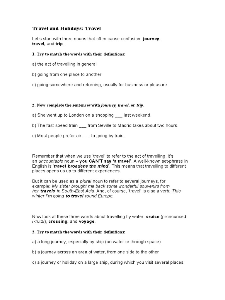 Vocabulary Test Travel and Holidays PDF Camping Noun