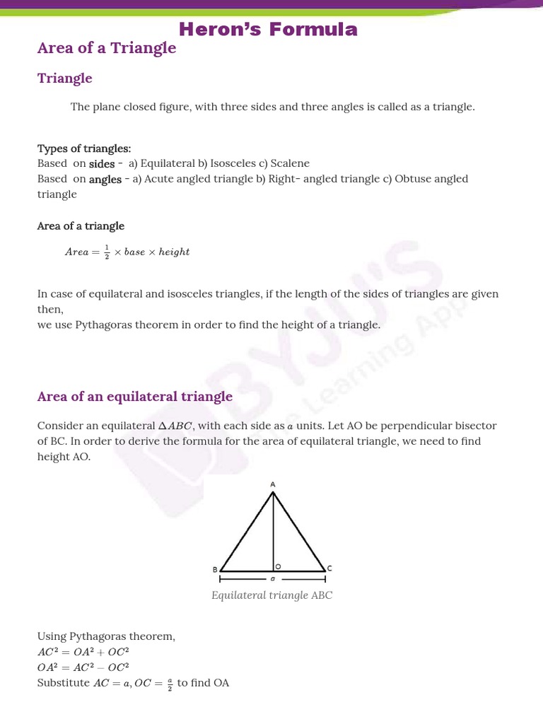 Herons Formula Class 9 PDF Triangle Area
