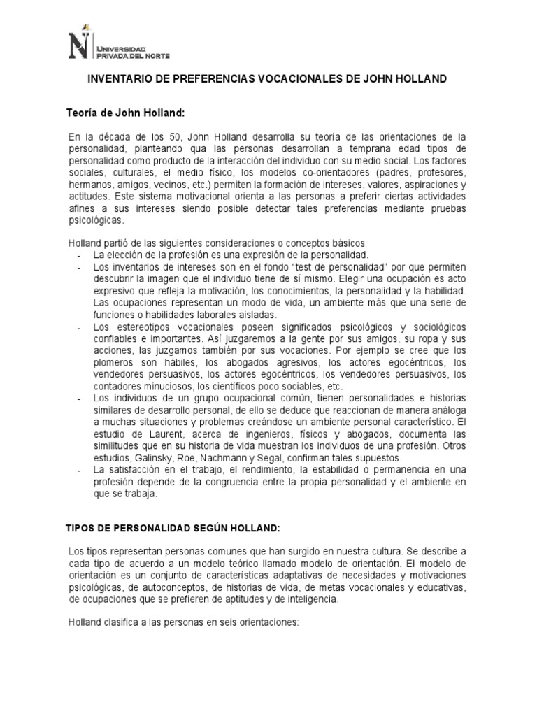 Inventario de Preferencias Vocacionales de John Holland Teoría de John ...