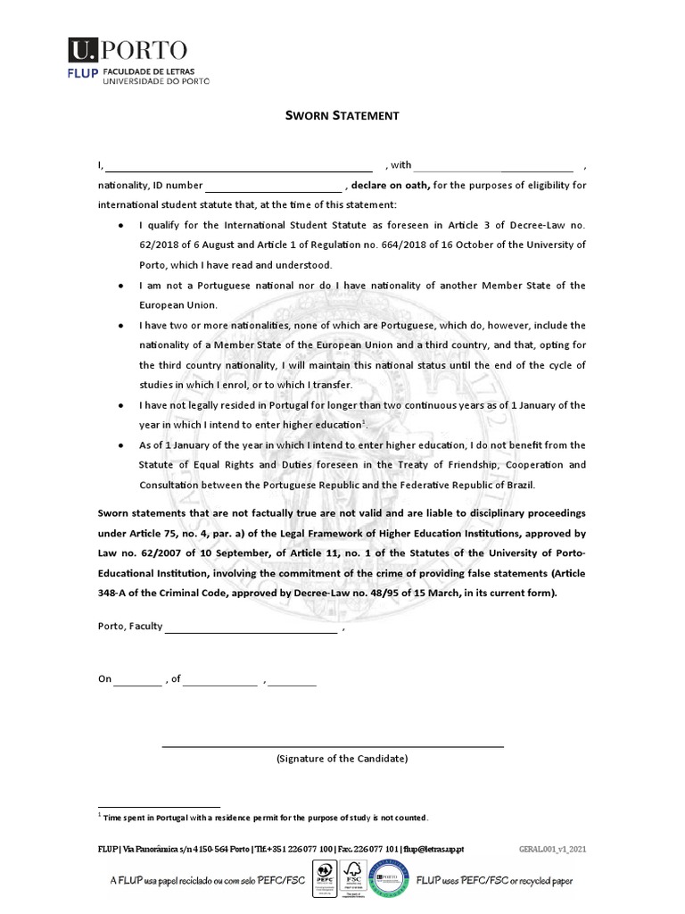 Sworn Statement To Be Signed by International Students | PDF