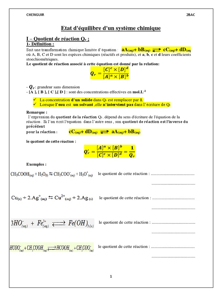 Cours - Etat D'équilibre D'un Système Chimique | PDF