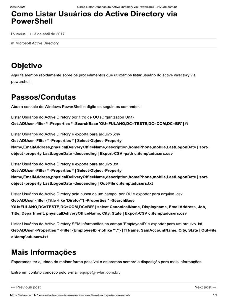 Como Listar Usuários Do Active Directory Via PowerShell | PDF