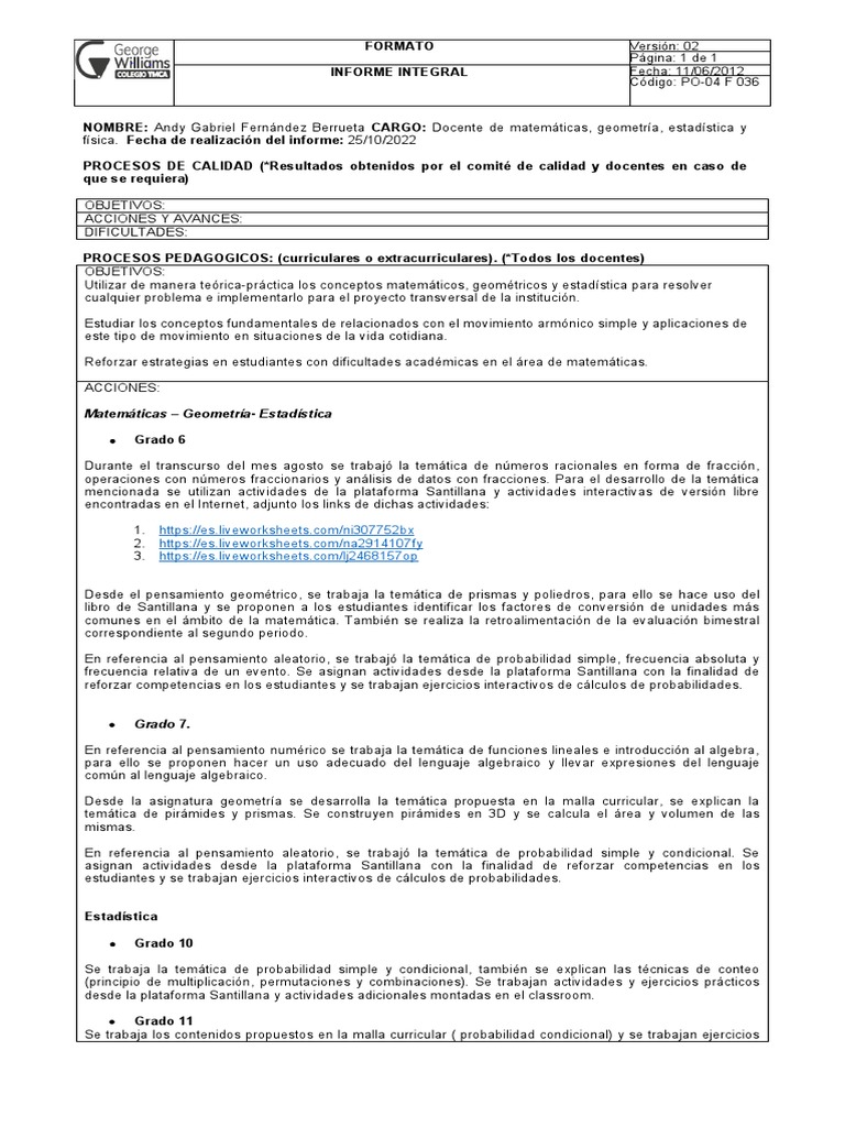 Formato Informe Mensual Docente Andy Fernández OCTUBRE | PDF ...