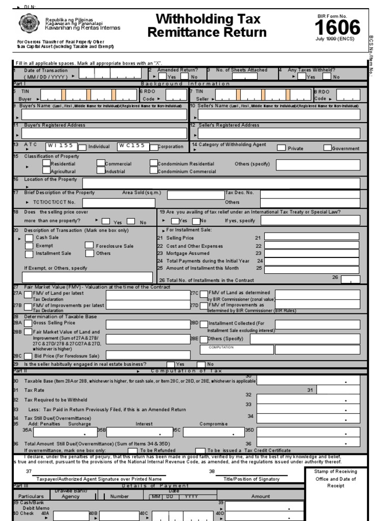 BIR Form 1606: Withholding Tax Return | PDF | Sales | Taxes