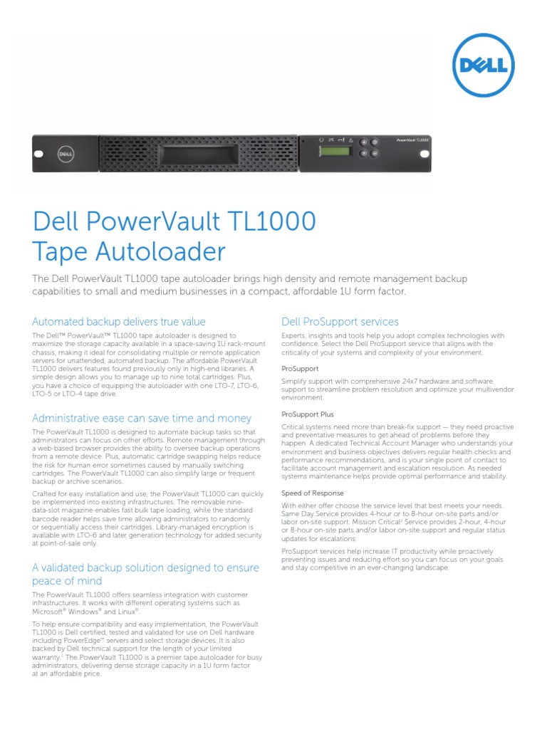 PowerVault TL1000 Tape Autoloader Spec Sheet PDF Backup Dell