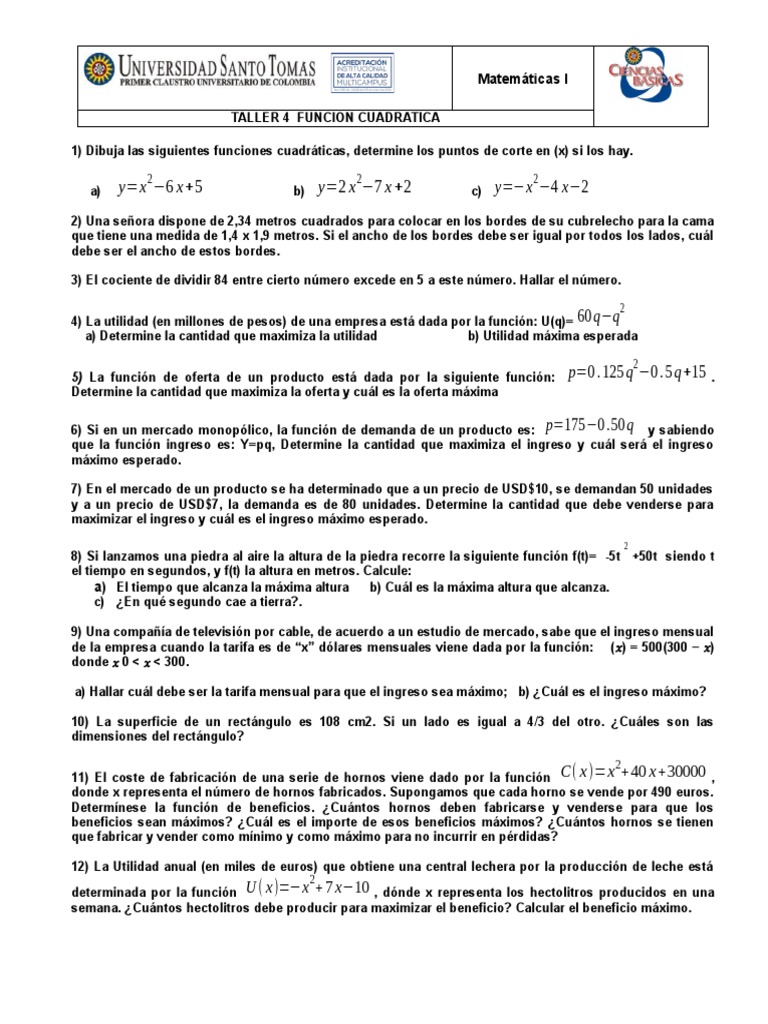 Taller de Funciones Cuadráticas y Optimización | PDF | Oferta (economía ...