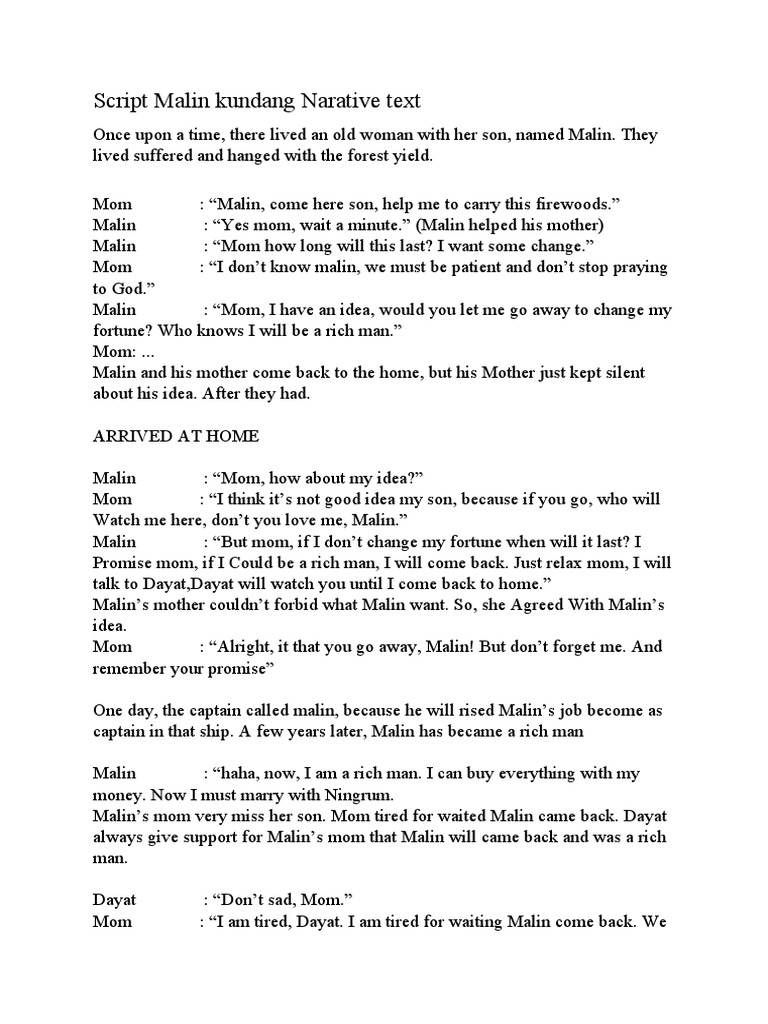 Script Malin kundang dialogue Narative text | PDF