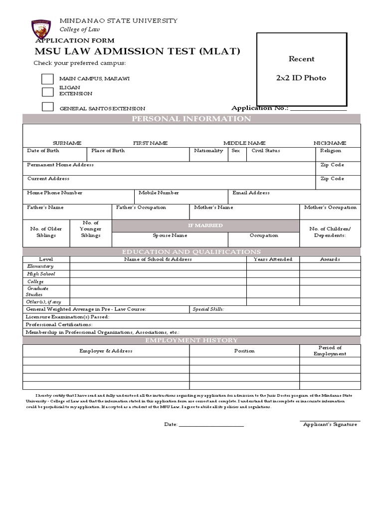 MSU Law Admission Test Application Form | PDF | Law School
