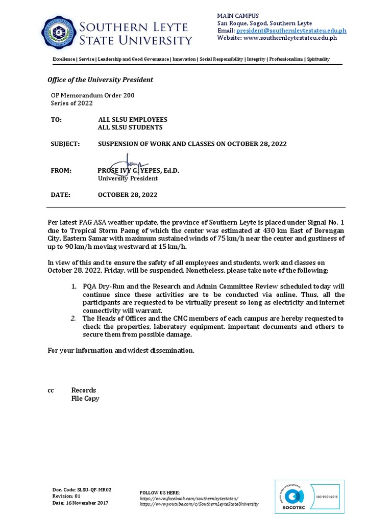 Memo_SuspensionofWorkandClassesonOctober28 PDF