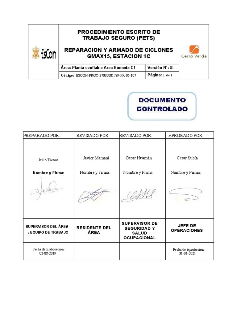 Reparación Ciclones GMAX15: Procedimiento Seguro | PDF | Seguridad y ...