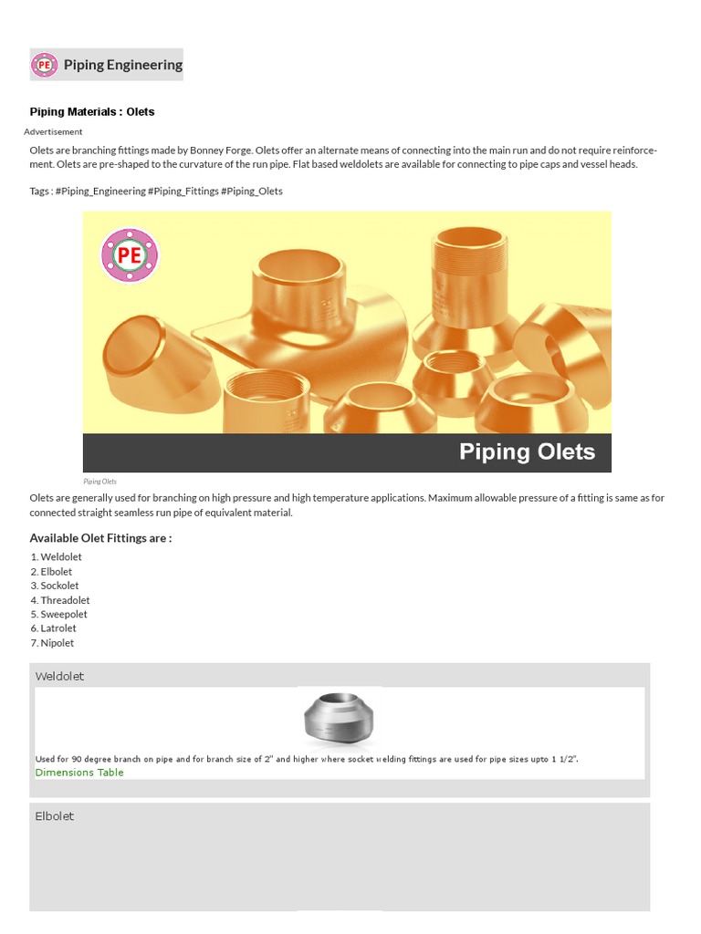 Overview of Piping Olet Fittings | PDF | Pipe (Fluid Conveyance ...
