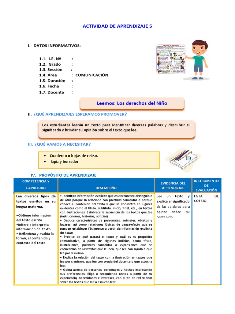 D5 A1 SESION Leemos Los Derechos Del Niño | PDF