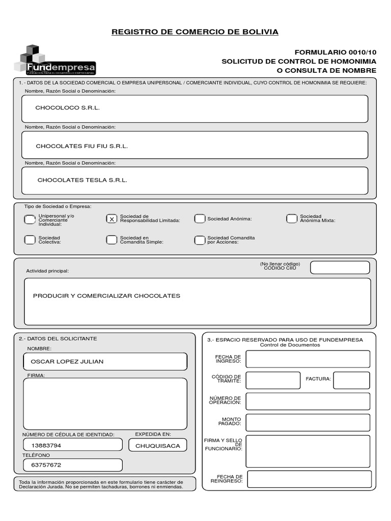 FORMULARIO - 0010 - 10 - SOLICITUD - DE - CONTROL de Homonimia | PDF ...