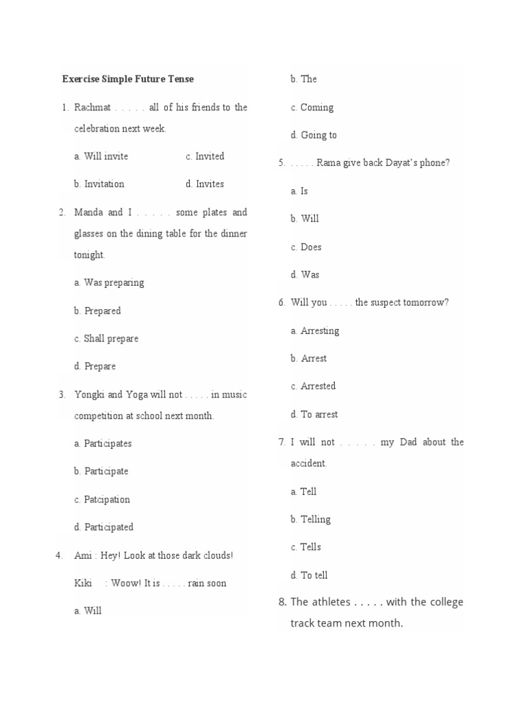 Simple Future Tense Exercises for 6th Grade | PDF