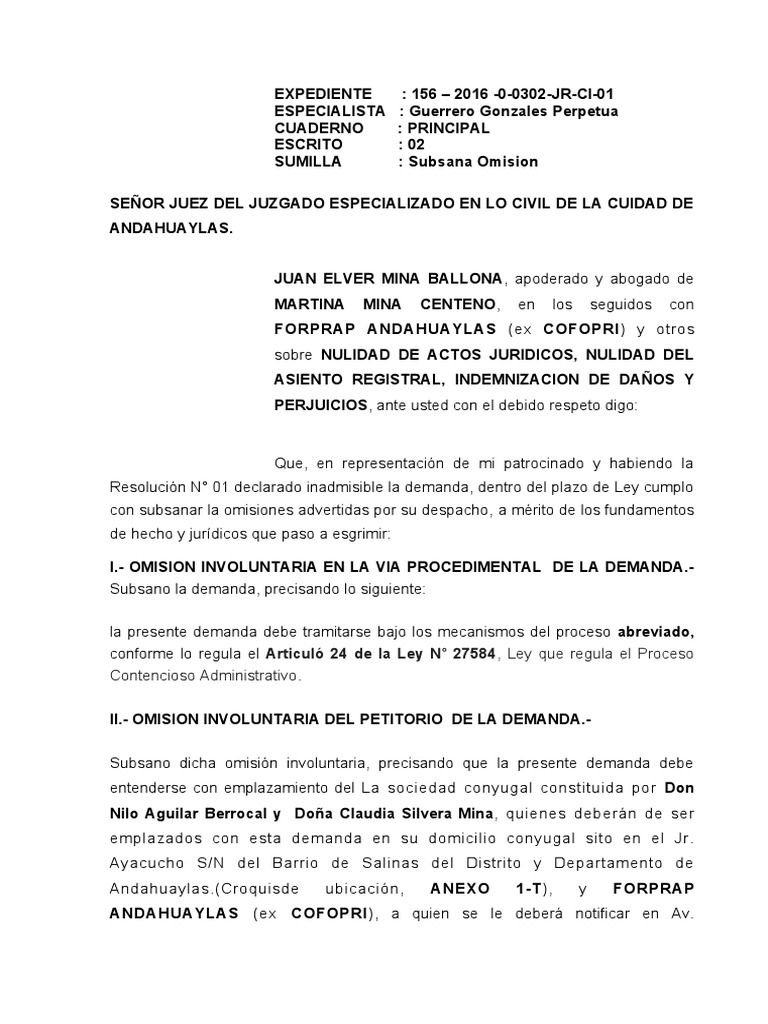 Subana Omision de Demanda PDF Daños y perjuicios Demanda judicial